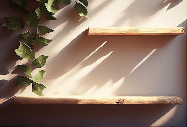 Empty wooden shelf over on baige wall background with leaves and shadows AI Generated