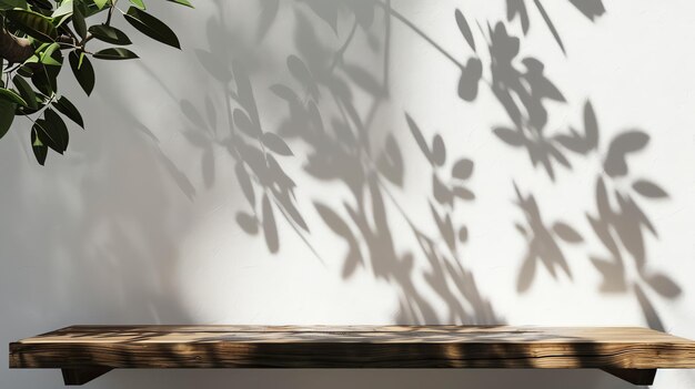 Empty wooden shelf with plant shadows on white wall background Minimal mockup for product presentation Concept of nature design and simplicity