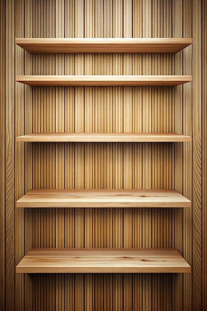 Photo empty wooden shelves on wall for interior design and organization