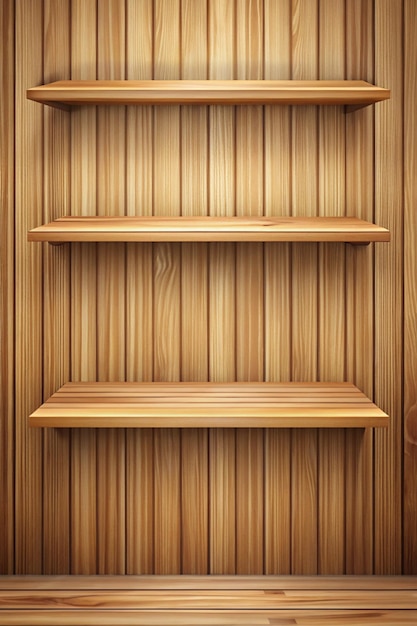 Photo empty wooden shelves on wall for interior design and organization