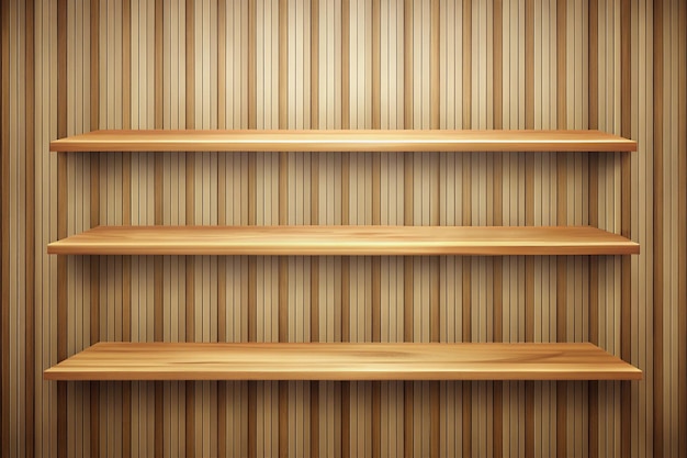 Photo empty wooden shelves on wall for interior design and organization