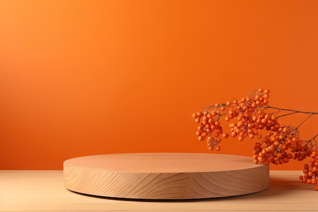 Empty wooden stand with autumn rowan berries on orange background Concept scene for showcasing beaut