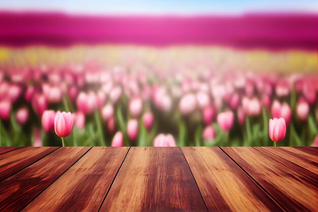 Empty wooden surface in field with blossoming tulips on sunny day AI Generated