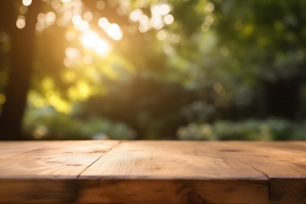 Empty wooden surface in summer garden in soft sunlight