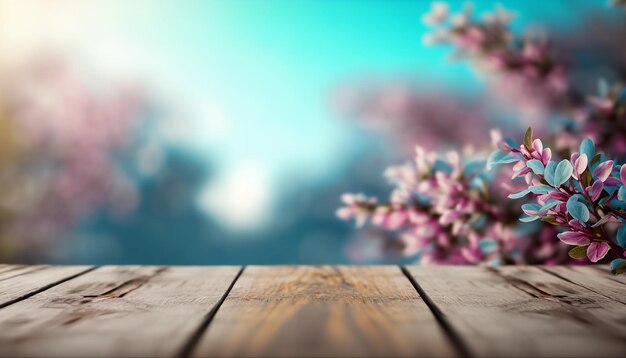 Empty wooden surface with with blurred cherry blossom background generative ai