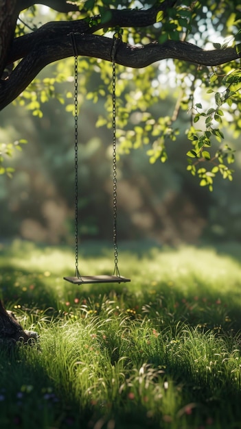 Photo empty wooden swing hanging from a tree branch in a sundappled forest concept of childhood nostalgia memories and tranquility