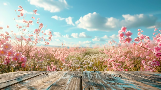 Empty wooden table against a backdrop of spring scenery