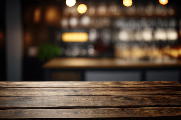 An empty wooden table against a dark restaurant background