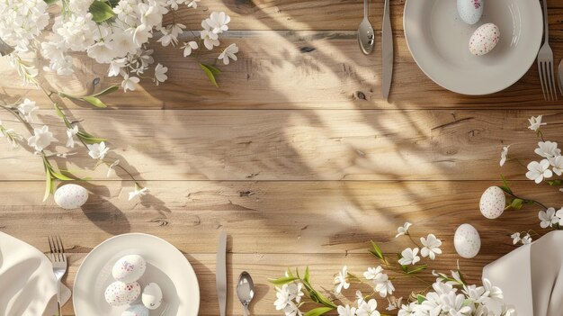 an empty wooden table background adorned with an Easter spring theme With ample copy space depict vibrant spring flowers delicate pastelcolored Easter eggs