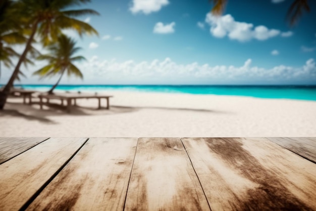 Empty wooden table on a beach with a palm tree on the background