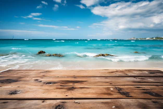 Empty Wooden Table on a Beach with Sea Background