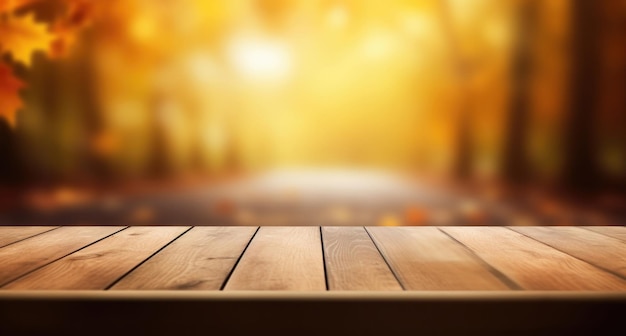 Empty wooden table over blurred autumn background Ready for product display montage