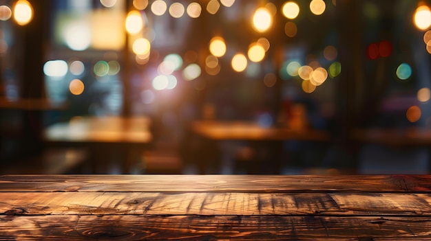 Empty wooden table and blurred background of abstract in front of restaurant or coff Generative AI