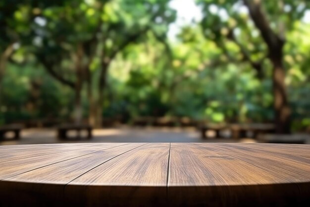 Empty wooden table and blurred background of park forest product display montage High quality photo