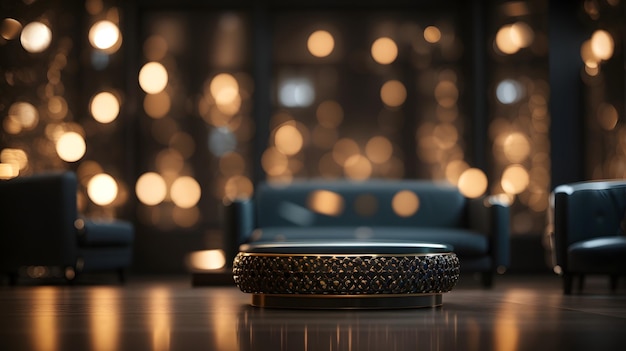 Empty wooden table and blurred background with bokeh lights in cafe