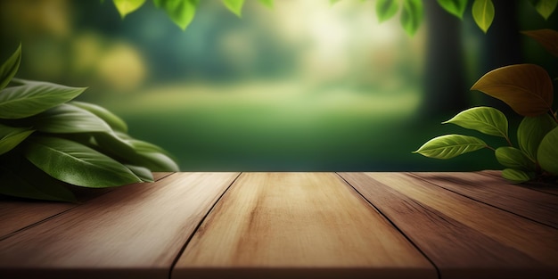 empty wooden table behind blurred beach with white sand and palm trees at sunny day