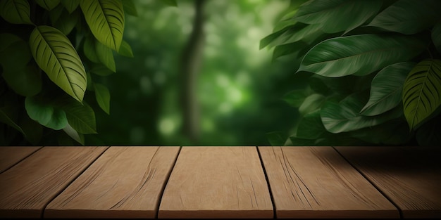 empty wooden table behind blurred beach with white sand and palm trees at sunny day