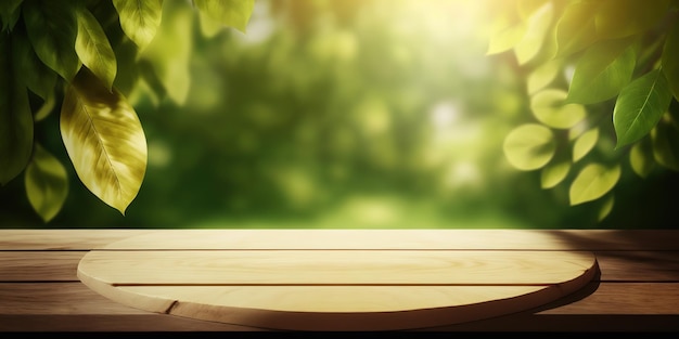 empty wooden table behind blurred beach with white sand and palm trees at sunny day