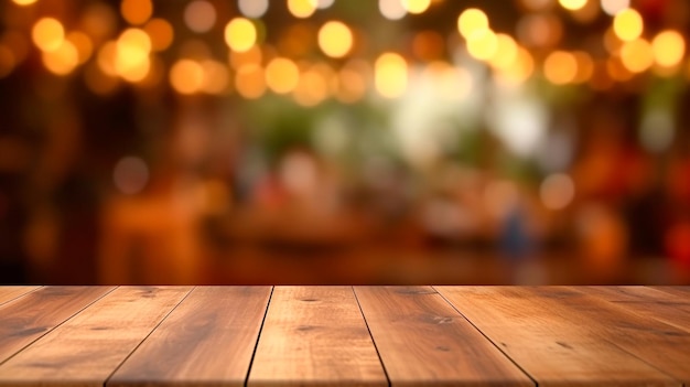 Empty wooden table and blurred birthday background for product placement Generative AI