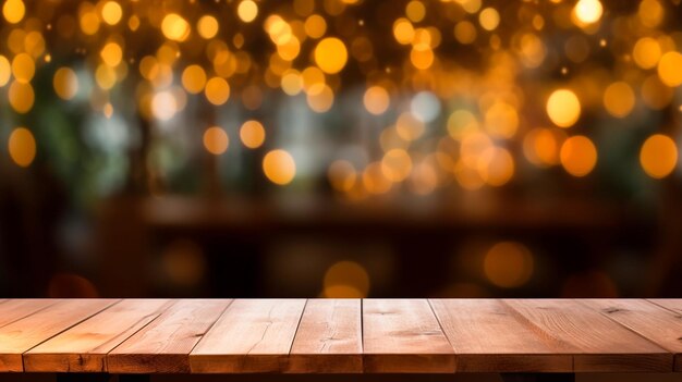 Empty wooden table and blurred birthday background for product placement Generative AI