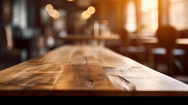 Empty Wooden Table in a Blurred Cafe or Restaurant Background