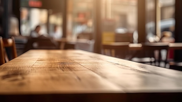 Empty Wooden Table in a Blurred Cafe or Restaurant Background