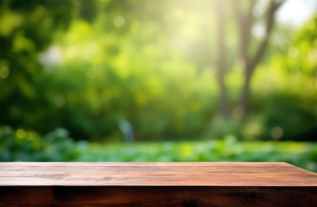 Empty wooden table over blurred green nature park background product display montage