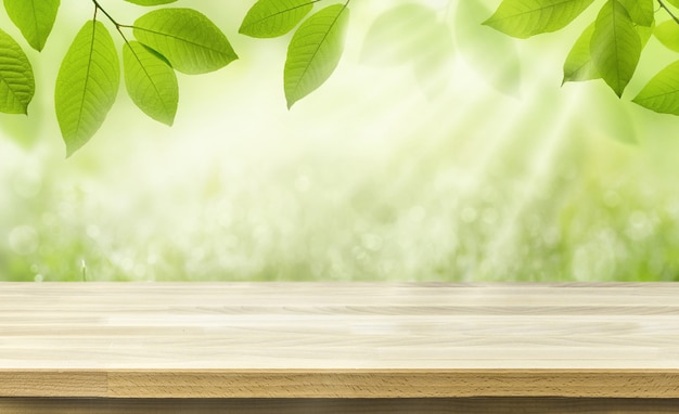 Empty Wooden table and blurred spring young foliage and sun beam background. Empty table for product display.