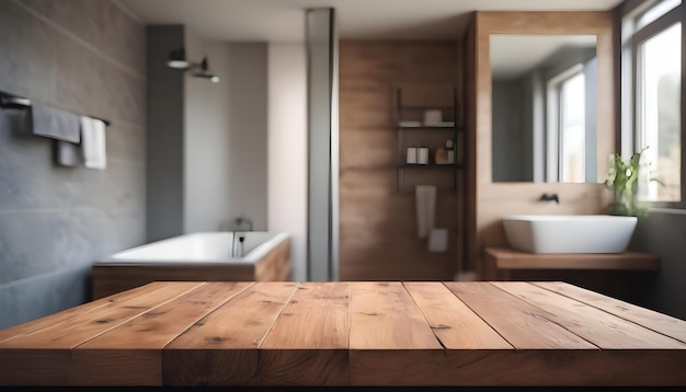 Empty wooden table and blurred view of a bathroom room