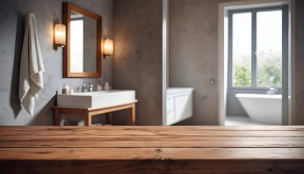 Empty wooden table and blurred view of a bathroom room