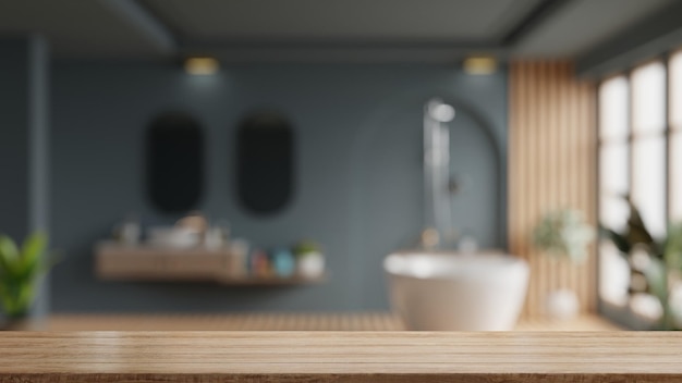 Empty wooden table and blurred view of blue bathroom room