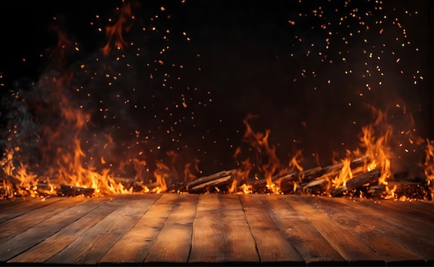 Empty wooden table burning fireplace background particles sparks and smoke in the air