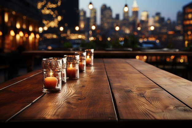 Empty wooden table in a cafe Evening in the citygenerative ai