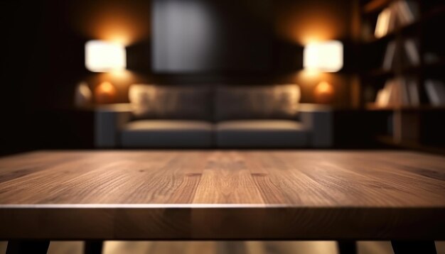 Empty wooden table in dark stylish living room with blurred background Generative AI