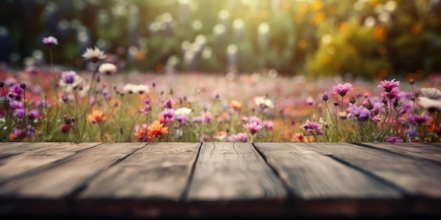 Empty wooden table in flowers garden blurred background Free space for product display Generative Ai