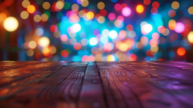 Empty wooden table in front of abstract blurred background of bokeh light for display products