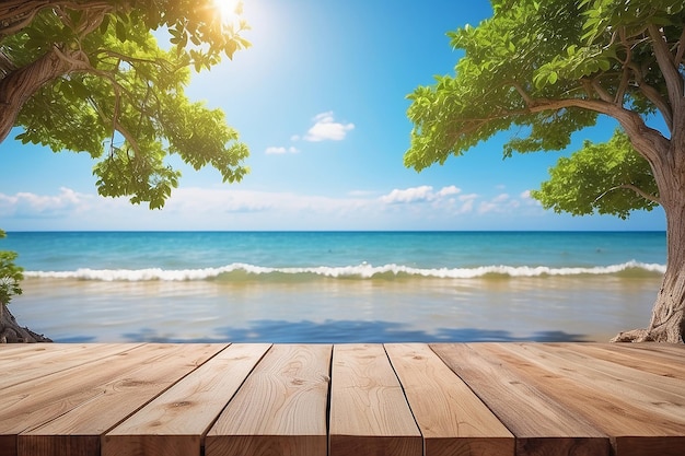 Empty wooden table in front of beach summer ocean tree