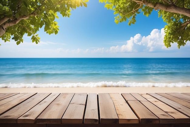 Empty wooden table in front of beach summer ocean tree