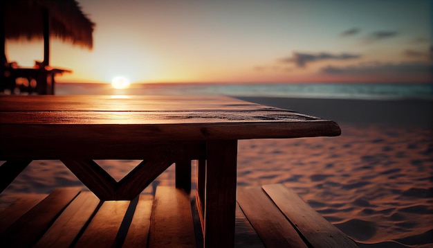 Empty wooden table in front of blurred pool resort