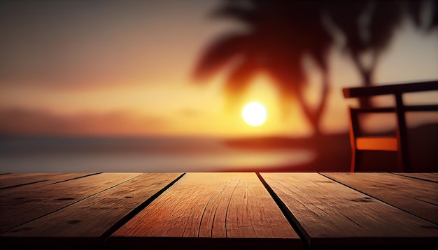 Empty wooden table in front of blurred pool resort