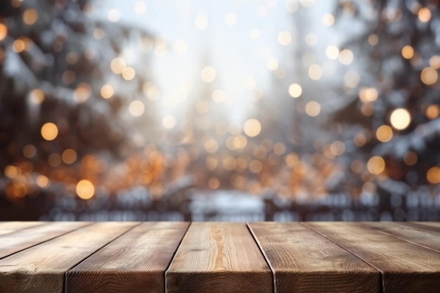 Empty wooden table in front of blurred winter arts architecture outdoor