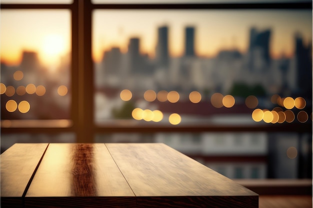 Empty wooden table in front of blurry background