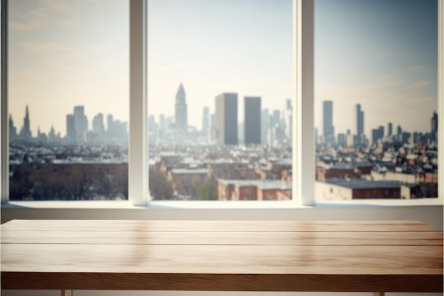 Empty wooden table in front of blurry overlooking through large window