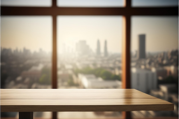 Empty wooden table in front of blurry overlooking through large window