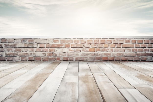 Empty wooden table in front of a brick wall