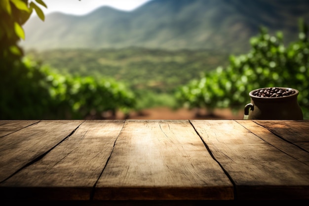 Empty wooden table in front of coffee plantation background