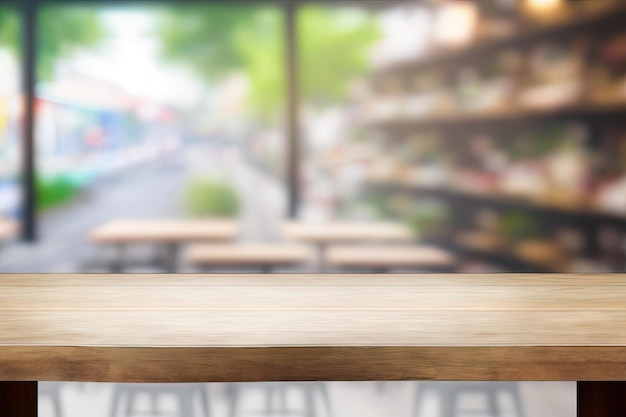 Empty wooden table in front of coffee shops hazy abstract background Use the wood table in front to showcase or montage your mercise Mockup for product display