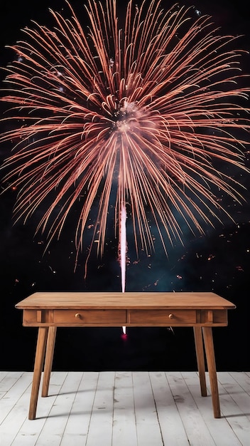 Photo empty wooden table in front of fireworks background product display montage