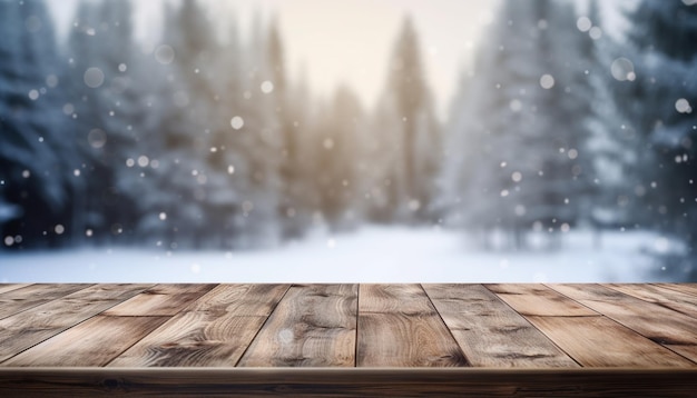 Empty Wooden table in front of winter landscape blurred background