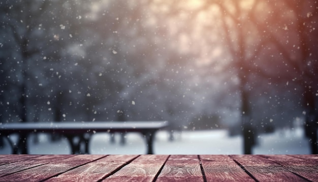 Empty Wooden table in front of winter landscape blurred background